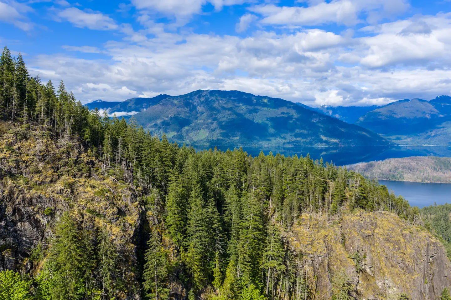 Panoramic view of evergreen forest surrounding a mountain lake beneath high peaks.