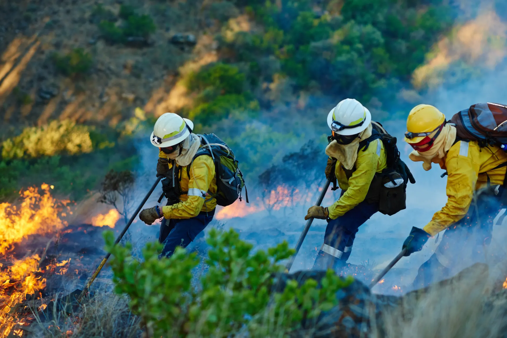 A crew of firefighters working a wildfire on steep mountainous ground.