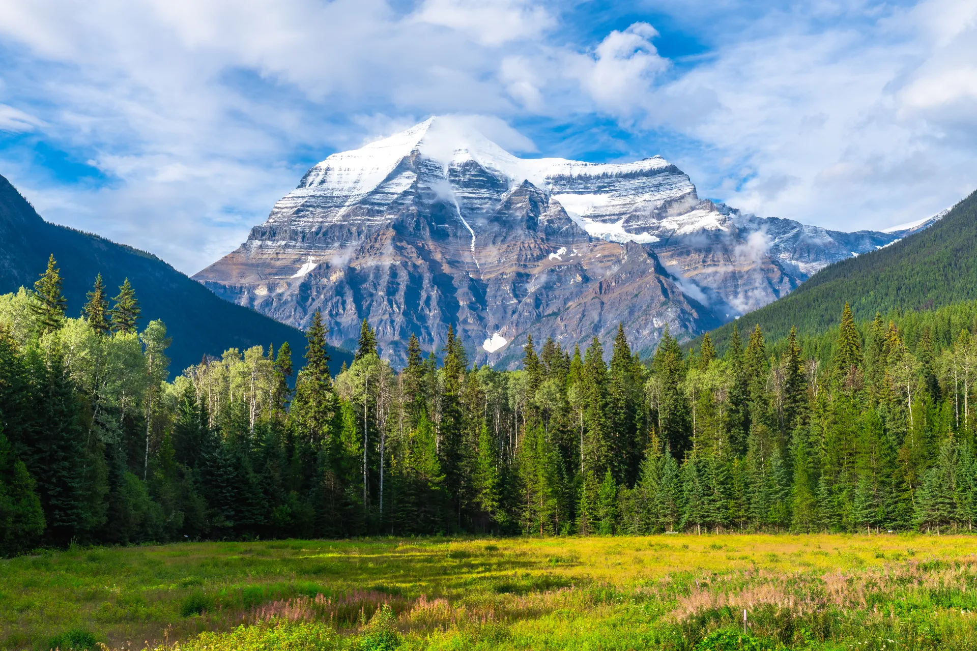 Mount Robson rising above the forested landscape of the Canadian Rockies.